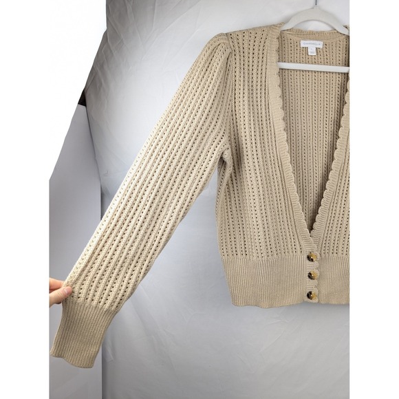 Charter Club Crochet Knit Cardigan Button Tan Beige V Neck L Preppy Coquette - Picture 6 of 10